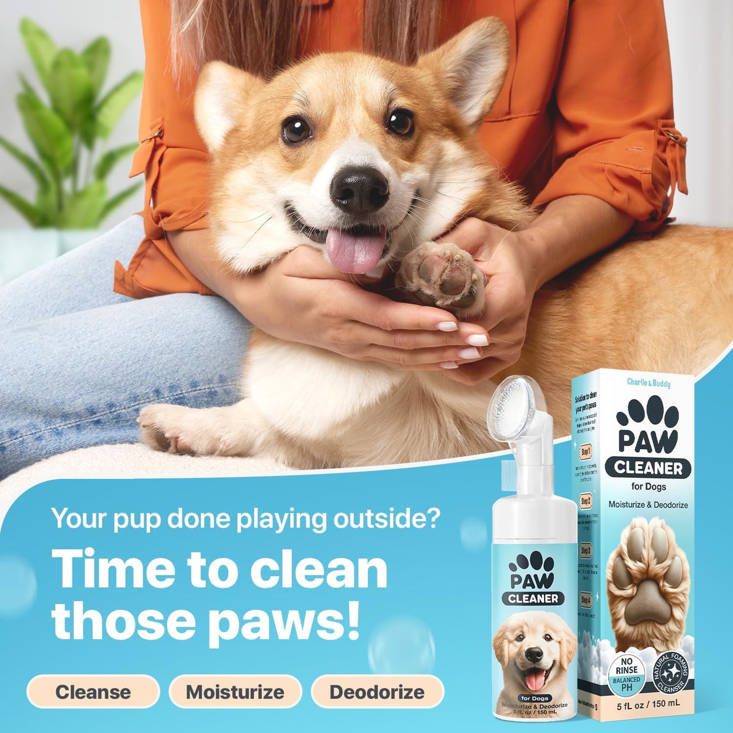 Charlie & Buddy Dog Paw Cleaner for Dogs of Small, Medium, Large Sizes, No-Rinse Foaming Cleanser, Paw Scrubber for Dogs Free of Parabens, Sulfates, Fragrances, Moisturize and Deodorize